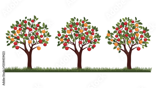 A digital illustration depicting three stylized fruit trees against a white background. Each tree is similar in structure, with a brown trunk and branches laden with red and orange fruits.