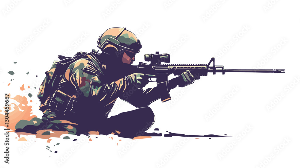 A stylized vector illustration depicting a soldier in a crouched aiming position, holding a rifle with a scope. The soldier is rendered in dark shades of blue and purple against a white A stylized vector illustration depicting a soldier in a crouched aiming position, holding a rifle with a scope. The soldier is rendered in dark shades of blue and purple against a white