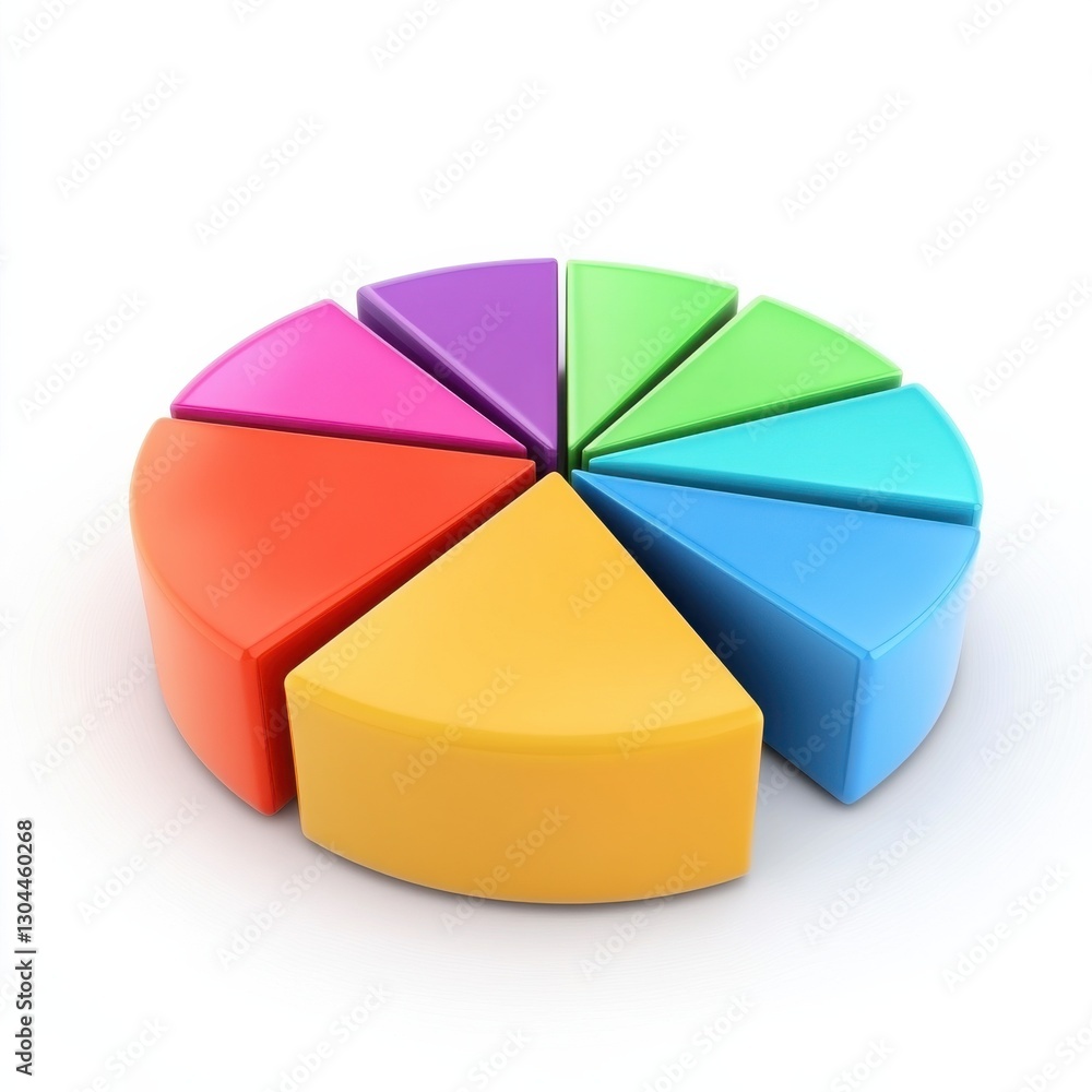 Obraz premium A colorful pie chart with eight segments, each representing different data points, showcasing vibrant colors in a 3D design.