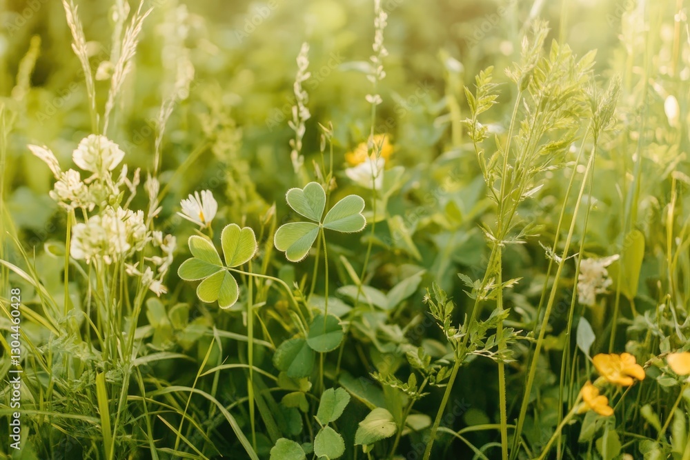 Close-up View of a Four-Leaf Clover Illuminated by Morning Light in a Green Meadow Close-up View of a Four-Leaf Clover Illuminated by Morning Light in a Green Meadow