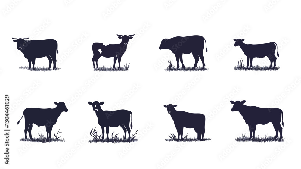 Obraz premium The image contains eight stylized silhouettes of cows in a dark blue/navy color against a white background. Each silhouette is presented in profile view, standing on a small patch of