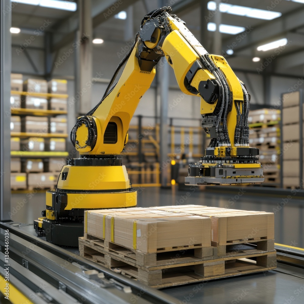 A robotic arm stacks wooden pallets in a modern warehouse, showcasing automation and efficiency in logistics and material handling. A robotic arm stacks wooden pallets in a modern warehouse, showcasing automation and efficiency in logistics and material handling.