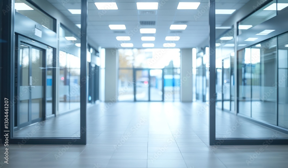 Obraz premium Hall way corridor soft white blue light blurred background panoramic windows bright light background.