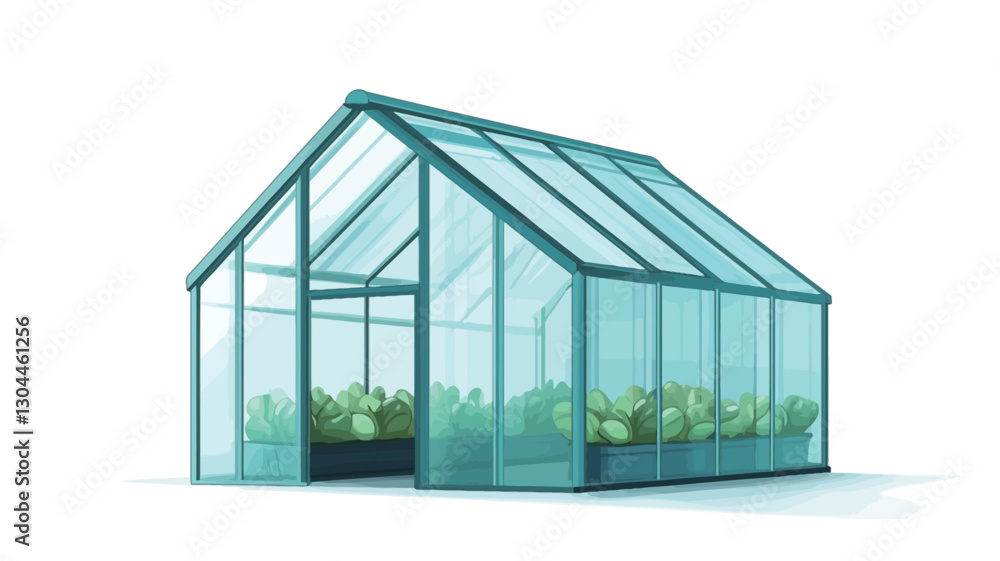 Obraz premium A digital rendering of a small, teal-colored glass greenhouse is depicted against a white background. The greenhouse has a gable roof and is shown at a slight angle, revealing a door on