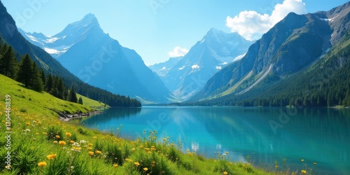 Serene Mountain Lake with Vibrant Wildflowers and Majestic Peaks Under a Sunny Sky