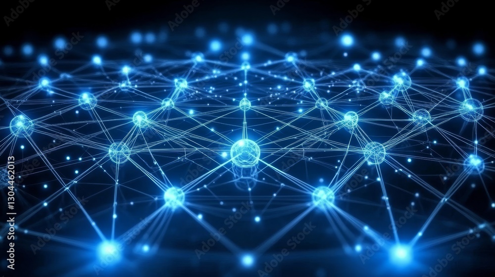 Obraz premium Dark Blue Network Interconnected Nodes with Lines, Data Transfer, Cyberspace Connectivity