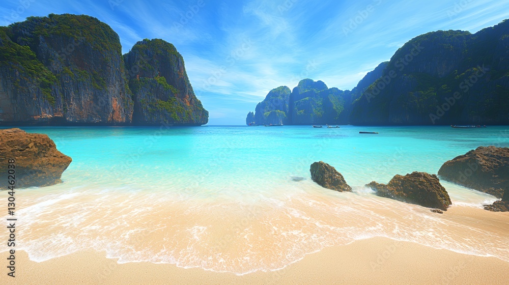 Fototapeta premium Serene Tropical Beach with Turquoise Water and Rocky Coastline