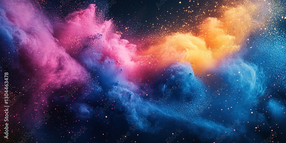 Fototapeta premium Colorful explosion of vibrant smoke and dust in a cosmic setting with deep blue and warm hues