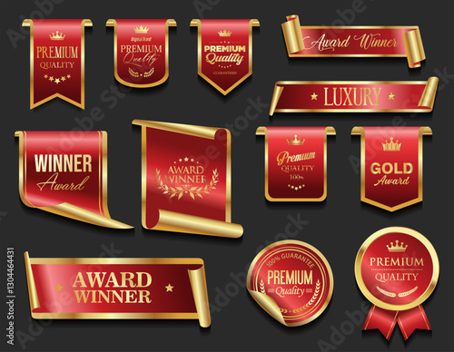 Golden luxury labels and badges gold and red premium quality certificate ribbons vector illustration