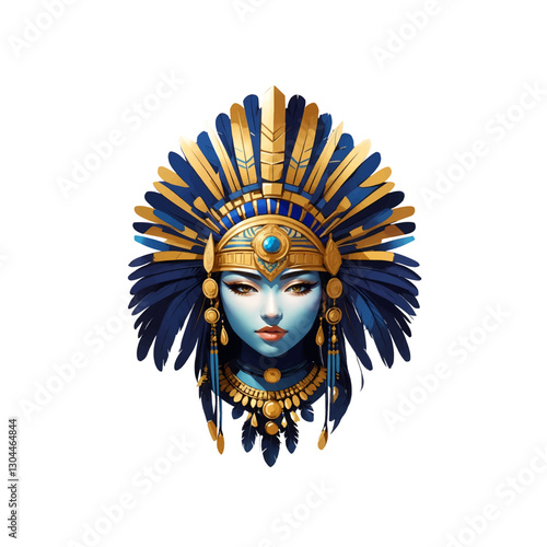 Clip Art Illustration of a Native American woman with vibrant feather headdress in a striking artistic representation