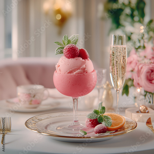 Blood Orange Sorbet with Champagne Foam, served on a fancy plate on a fancy table, luxurious museum background photo