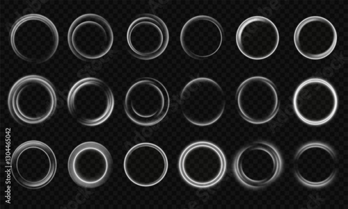 Bright white Twirl. Soft curved light streak effect. Png Abstract glowing white flare with sparkling details. Luminous white circle. PNG isolated collection of twinkling white sparks.