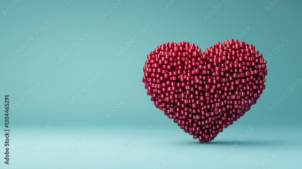 Vibrant red heart made of blocks representing love and affection, set against a soft teal background for a modern touch Vibrant red heart made of blocks representing love and affection, set against a soft teal background for a modern touch