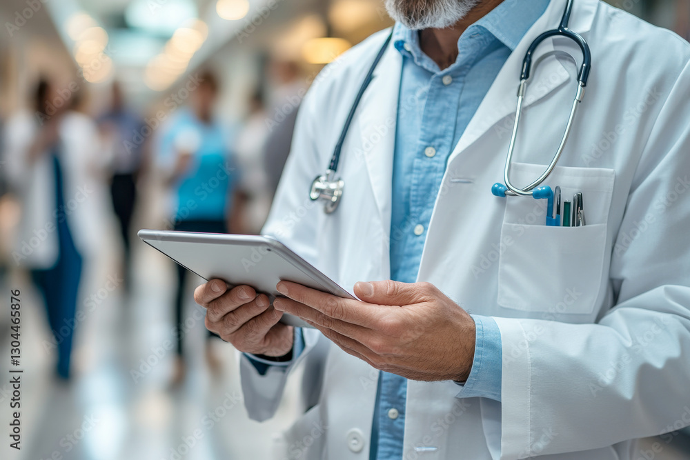 Healthcare professional using tablet in hospital corridor Healthcare professional using tablet in hospital corridor