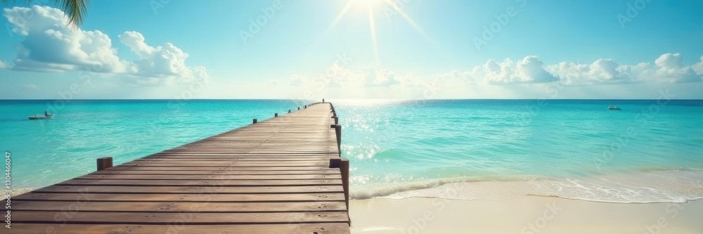 Sunny beach, wooden pontoon extending over calm water, resort, scenery, summer vacation Sunny beach, wooden pontoon extending over calm water, resort, scenery, summer vacation