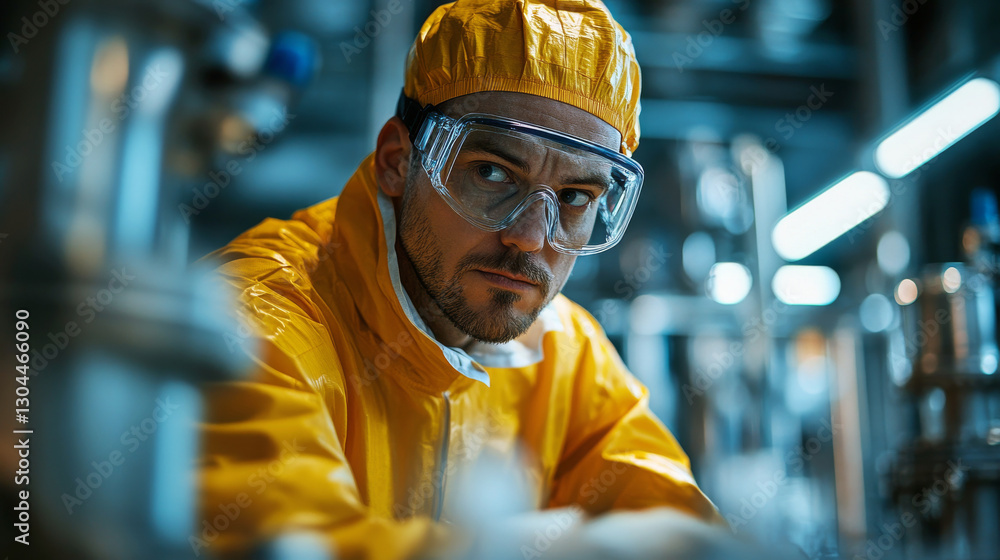 focused worker in protective gear and goggles in lab focused worker in protective gear and goggles in lab