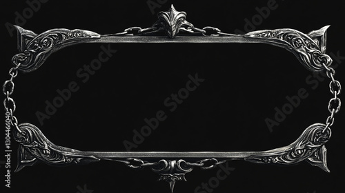 Elaborate silver frame with floral patterns and chains on dark background  
