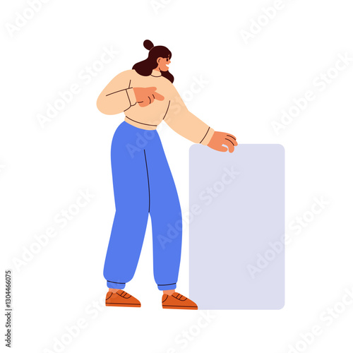 Woman pointing at blank placard in hand. Happy female standing, showing, advertising empty sign board, poster, clean banner, promotion card. Flat vector illustration isolated on white background