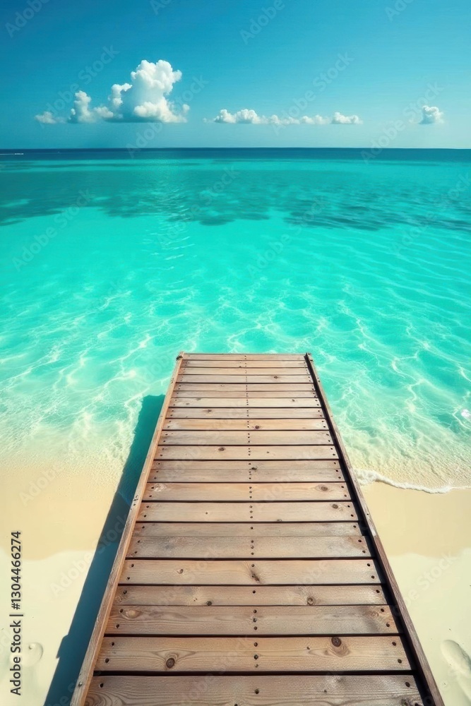 Fototapeta premium Wooden pontoon on sandy beach, turquoise water, ocean, tranquil, escape