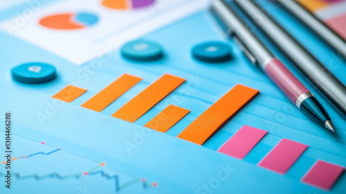 Colorful graphs and charts on blue background