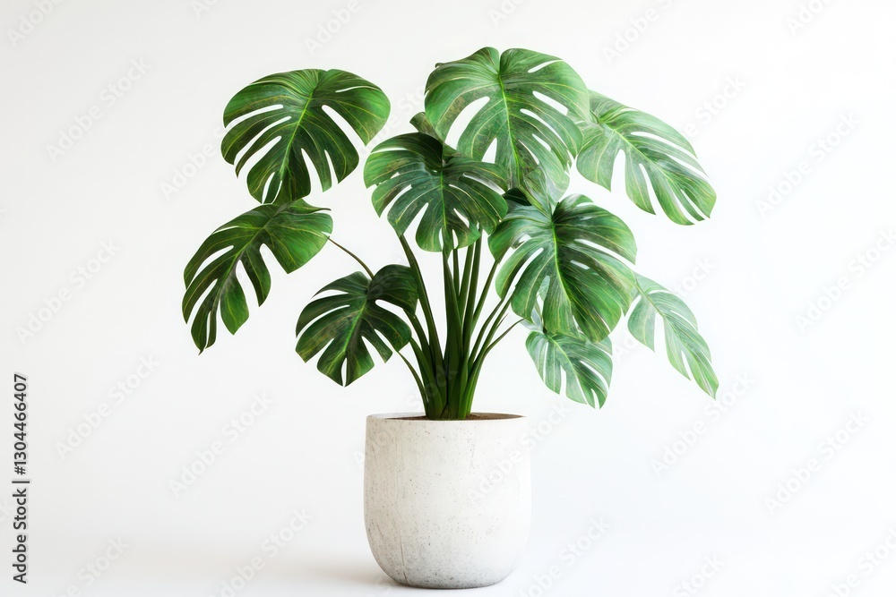 A realistic 3D image of a potted monstera plant, with its distinctive large leaves, placed against a stark white background for a clean, fresh look. A realistic 3D image of a potted monstera plant, with its distinctive large leaves, placed against a stark white background for a clean, fresh look.