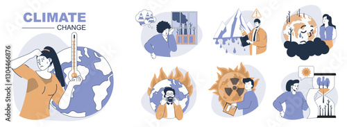 Climate change concept set in flat web design. People in isolated scenes suffering from hot temperature, toxic industry pollution, melting glaciers, wildfire and radiation risk. Vector illustrations.