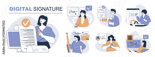 Digital signature concept set in flat web design. People in isolated scenes signing legal documents with electronic identification certificate with verification technology. Vector illustrations.