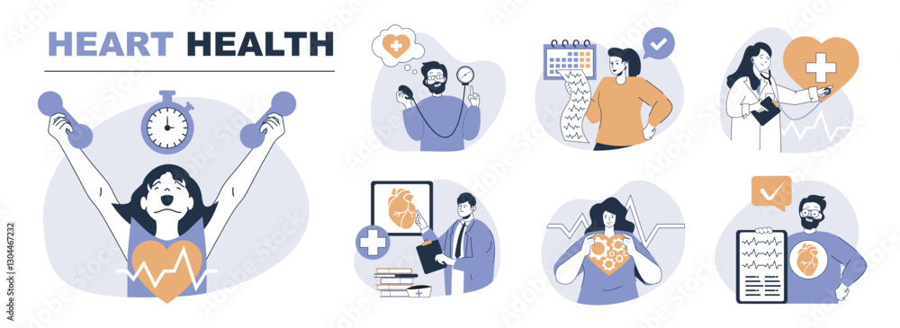 Heart health concept set in flat web design. People in isolated scenes doing cardio training, measuring blood pressure and cardiograms, cardiologist research patient organs. Vector illustrations. Heart health concept set in flat web design. People in isolated scenes doing cardio training, measuring blood pressure and cardiograms, cardiologist research patient organs. Vector illustrations.