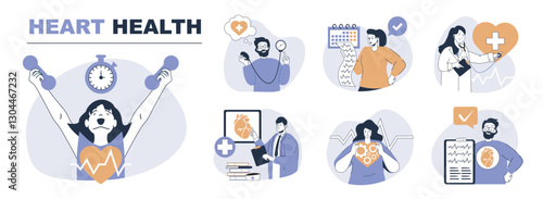 Heart health concept set in flat web design. People in isolated scenes doing cardio training, measuring blood pressure and cardiograms, cardiologist research patient organs. Vector illustrations.