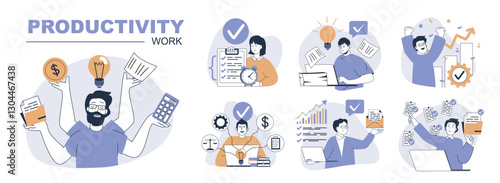 Productivity work concept set in flat web design. People in isolated scenes planning and organizing schedule lists, complete doing work tasks, multitasking and workflow process. Vector illustrations.