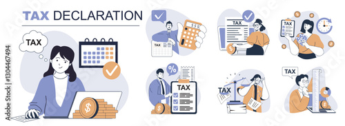 Tax declaration concept set in flat web design. People in isolated scenes calculating income earning, preparing documents for online payments, filling declaration form online. Vector illustrations.