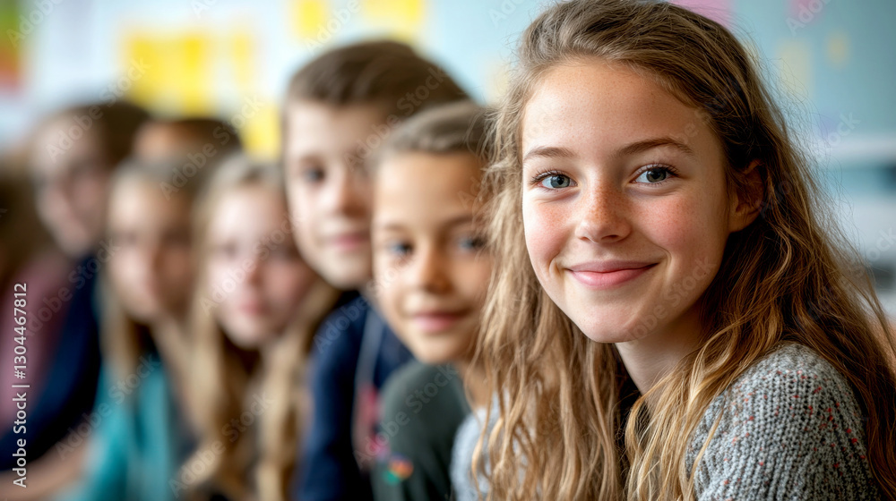 Smiling girl in classroom with peers, joyful learning atmosphere Smiling girl in classroom with peers, joyful learning atmosphere