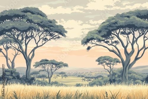 Tranquil Savanna Landscape with Silhouetted Acacia Trees at Dusk