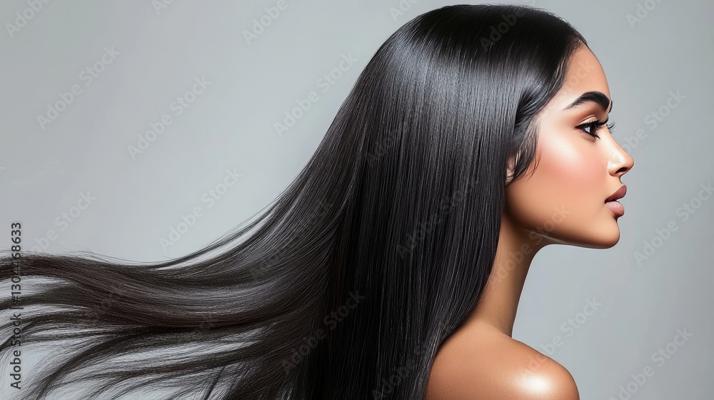 Naklejka premium a woman with long, shiny black hair and smooth skin, against a gray backdrop.