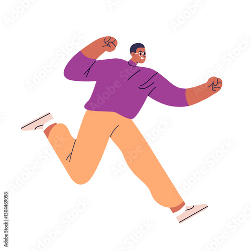 Man running fast, rushing forward with ambition, chasing goal with angry face expression. Irritated determined person hurrying for aim, target. Flat vector illustration isolated on white background
