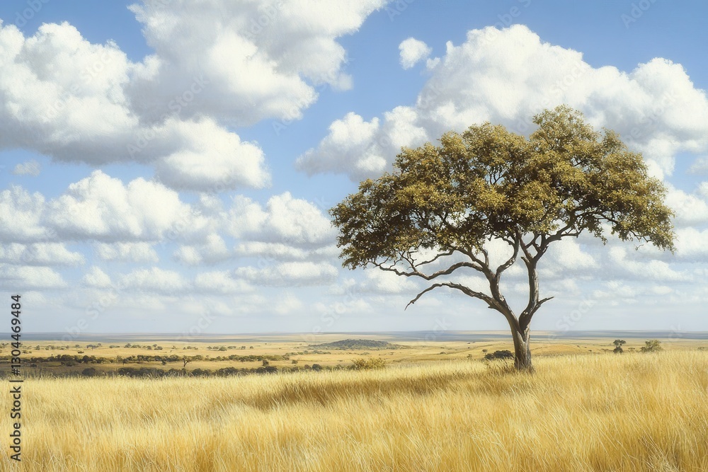 Fototapeta premium Serene Landscape with Isolated Tree Under Blue Sky and Clouds