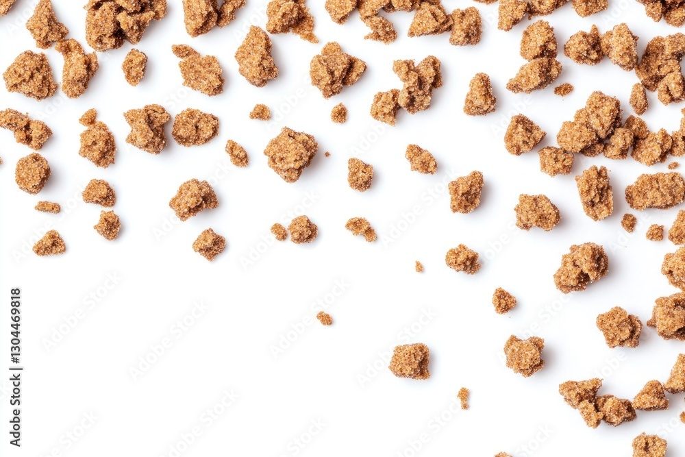 Scattered brown crunchy cereal bits on white. Scattered brown crunchy cereal bits on white.