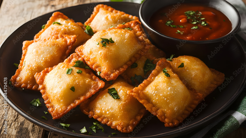 Golden fried ravioli filled with ricotta and spinach, served with a tangy tahini dipping sauce and garnished with sesame seeds.