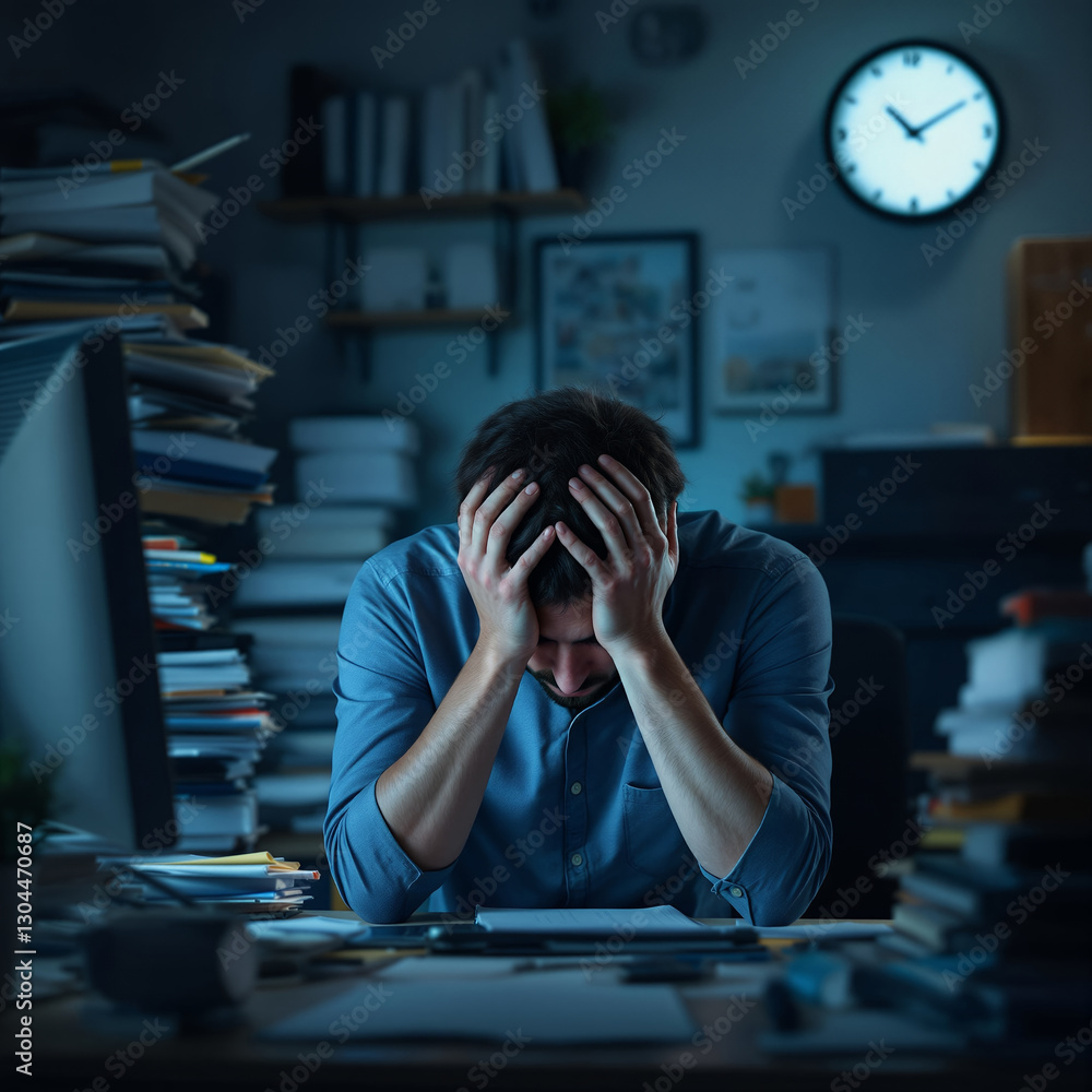 Stressed caucasian male adult working late in cluttered office Stressed caucasian male adult working late in cluttered office