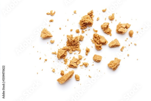 Scattered crumbs of a broken cookie on white background.