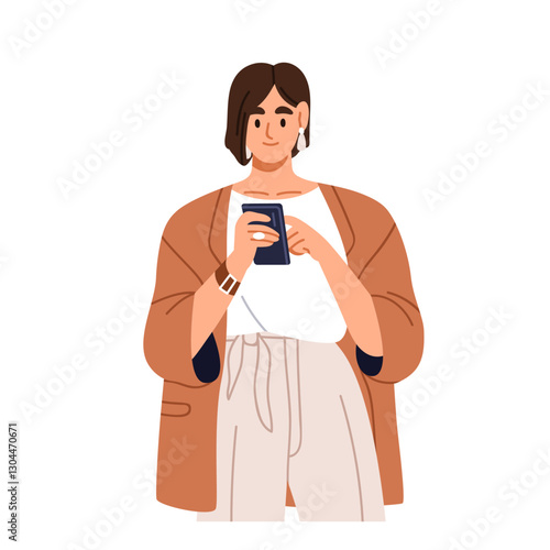 Woman holding mobile phone in hand. Female using smartphone, browsing internet, texting, messaging online. Happy person looking on cellphone. Flat vector illustration isolated on white background