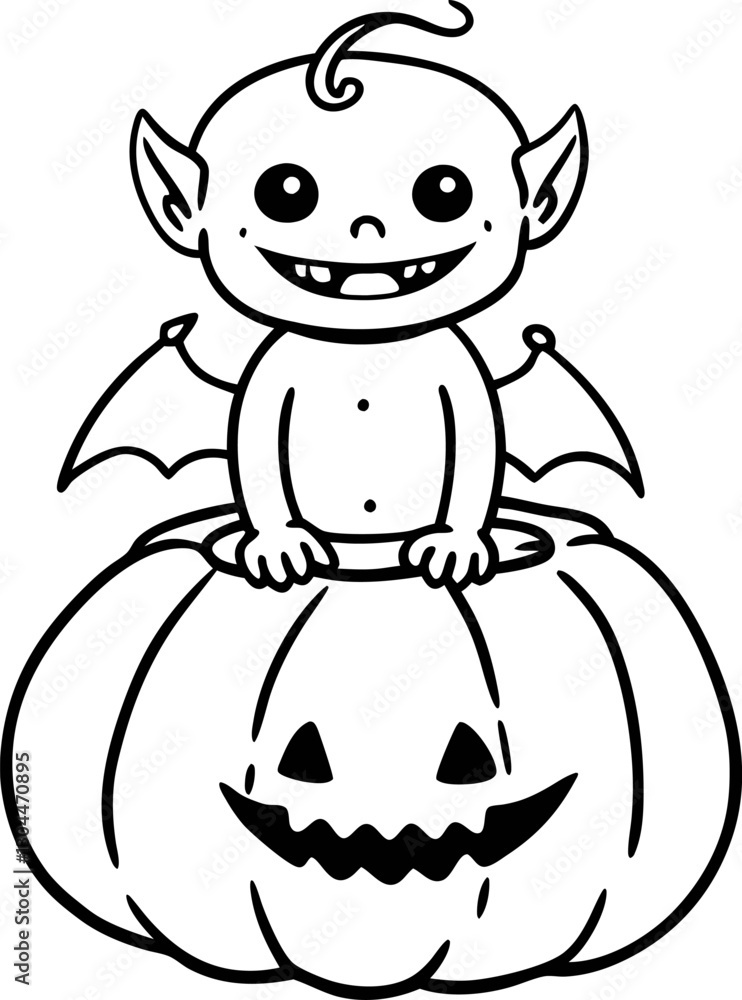 Fototapeta premium Cute baby bat creature sitting in halloween pumpkin