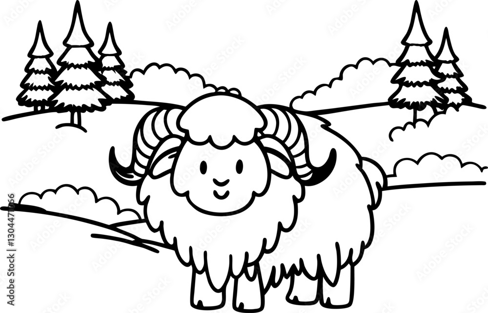Cute sheep in winter landscape with pine trees and snow Cute sheep in winter landscape with pine trees and snow