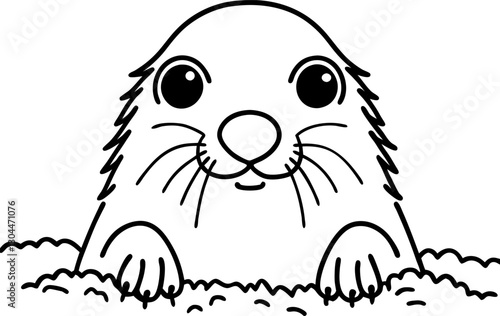 Cute mole peeking from underground adorable animal illustration, simple black and white line art