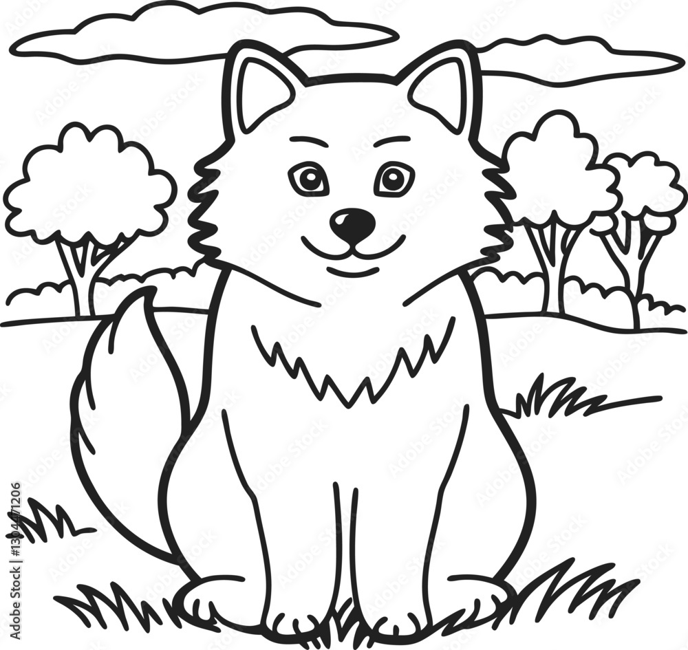 Obraz premium Cute fluffy dog in nature style, black and white illustration with trees and clouds