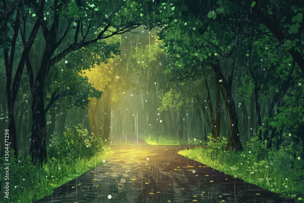 Obraz premium Tranquil Rainy Pathway Through Lush Forest with Soft Glowing Light