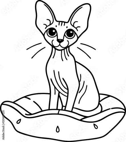 sphynx cat sitting on cushion cute hairless feline with big eyes black and white line art illustration
