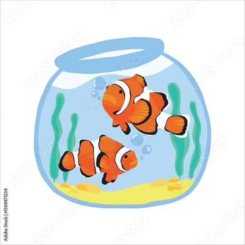 Cute Clownfish in Fishbowl with Seaweed and Bubbles