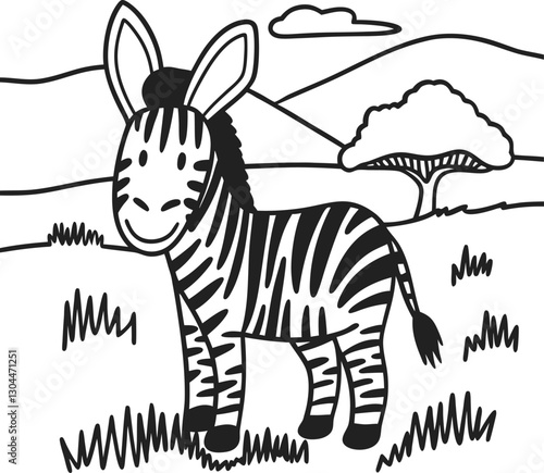 adorable zebra sketch in african savannah landscape black and white illustration for children's coloring book