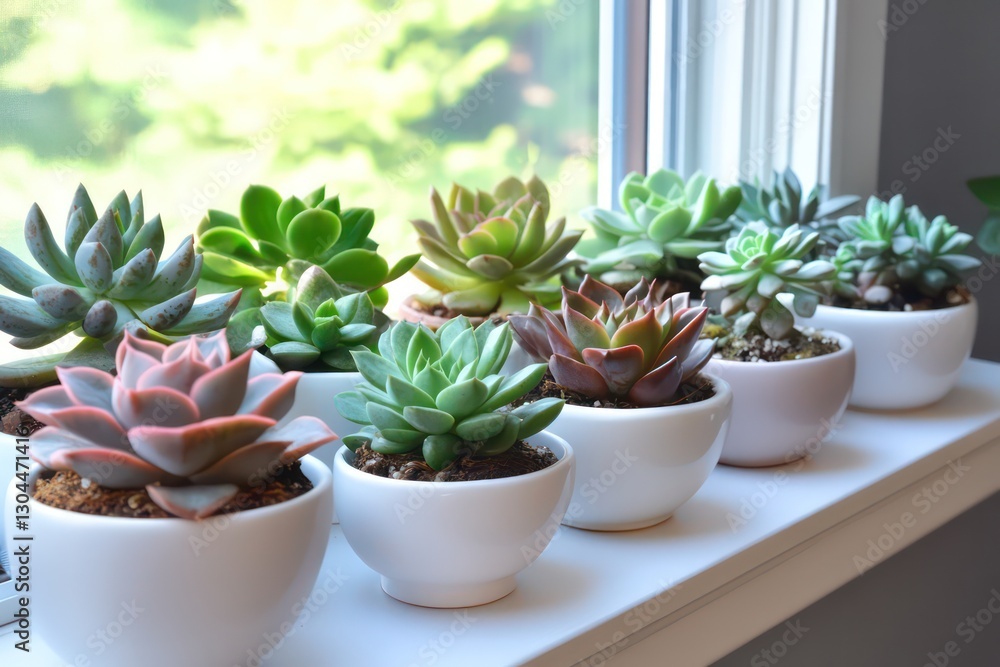 Obraz premium A cozy indoor scene featuring a variety of succulents in white pots on a sunny windowsill, bringing a touch of greenery and nature to the home environment.